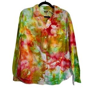 Ice Dyed Button Up Shirt Green Orange Tie Dye Cotton Reworked Vintage Upcycled